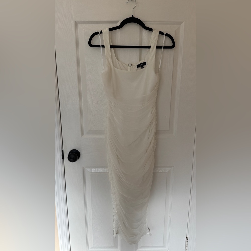 Lulu’s V.I.P. Treatment White Mesh Ruched Midi Dress